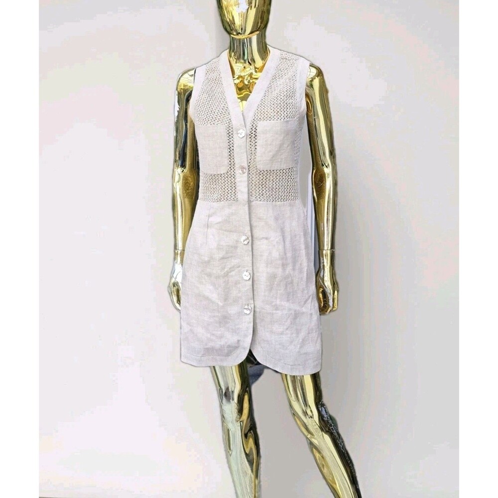 Randolph Duke Linen Cotton Button Front Vest Dress Natural Crochet Size 6 USA